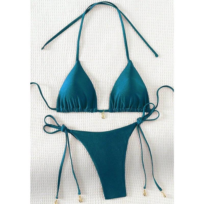 Sexy Pure Color Bikini Set with Strap Ne Hanging Pad Metal Bule Two-Piece Swimsuit Triangular Design Polyester Nylon Mate...