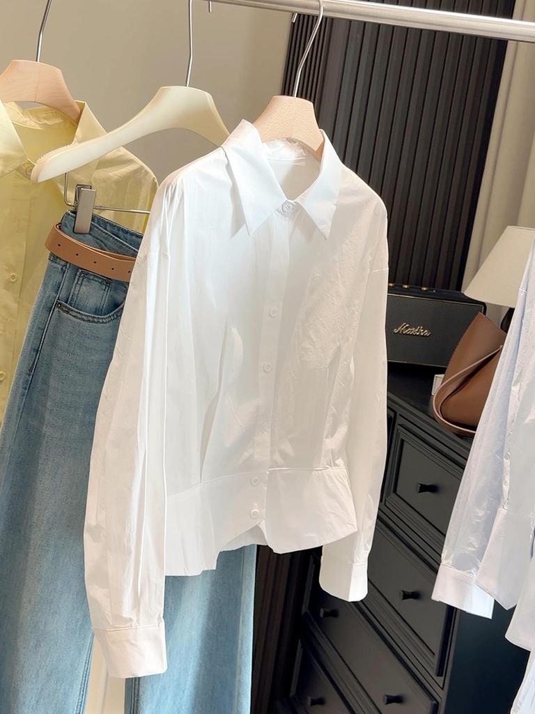 Spring 2026 Women's Slim-Waisted Lapel Long-Sleeve Shirt - Stylish and Elegant Short Commuter Top