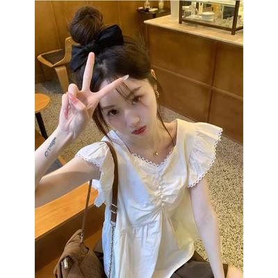 Age-reducing Lace-edged Flying-sleeved Shirt for Women New Style for Women Simple Loose and Unique