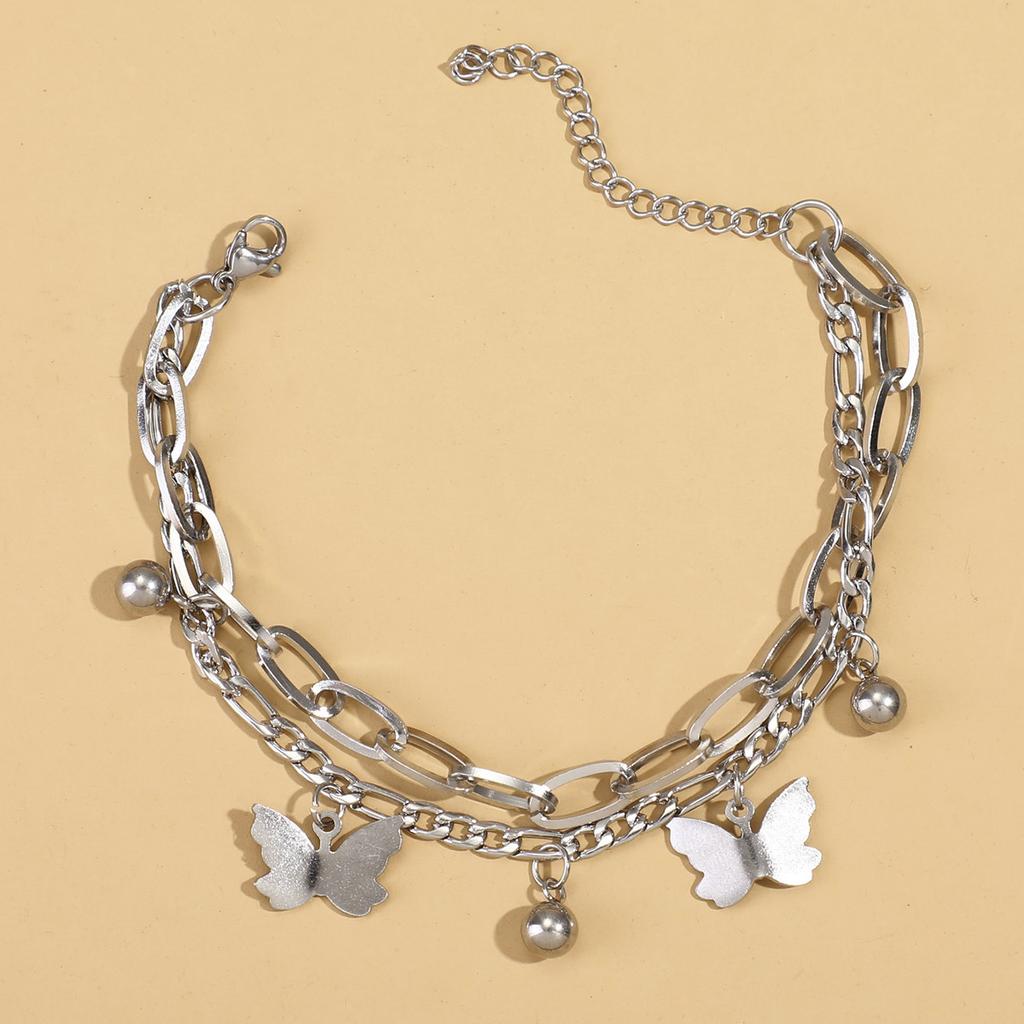 Personalized double-layer butterfly ankle chain set, summer seaside vacation temperament bracelet, handmade accessory