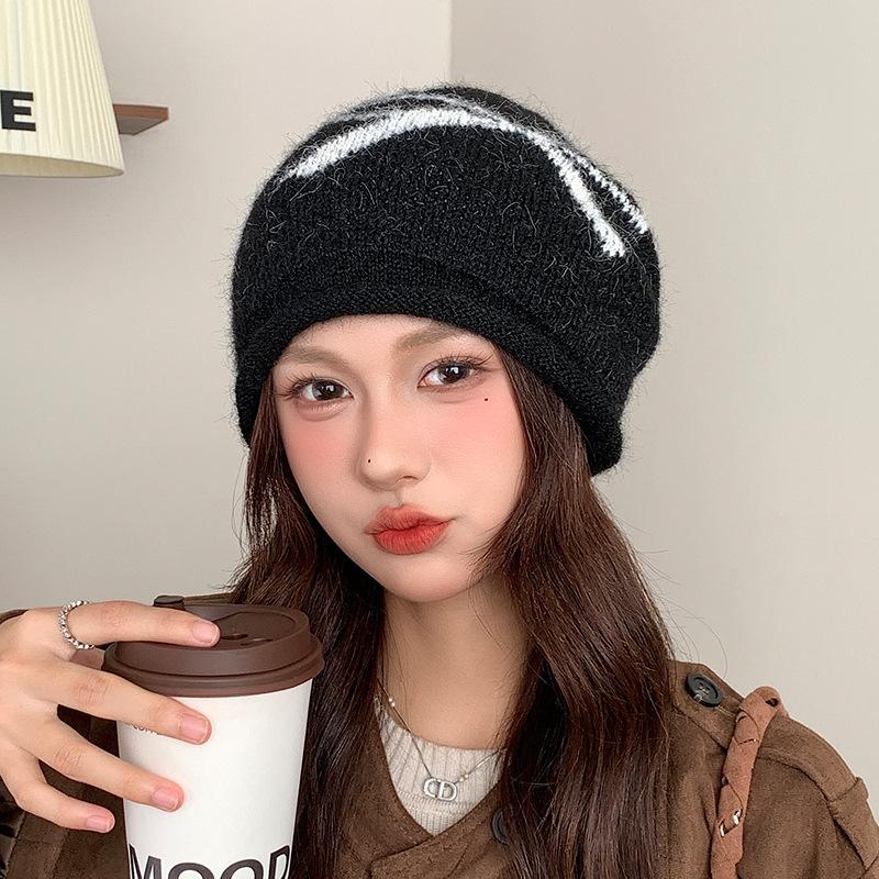 New Bow Knitted Hat Autumn and Winter Warm Ear Protection Pile Hat for Women Korean Style Big Head Circumference Showing Face Small Woolen Hat