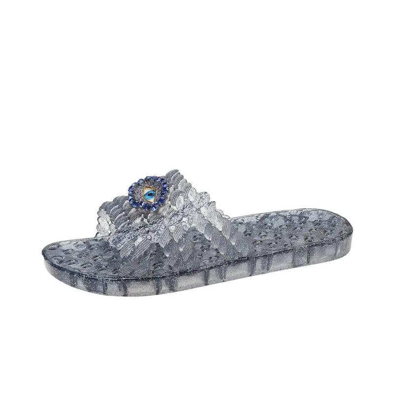 

Fashion 2025 Summer New Women’s Novelty Sandals Outdoor Round Toe Flat with Crystal Metal Decoration Slippers for Beach Casual Slippers 36