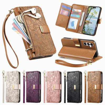 Florales Leder-Wallet-Case für Samsung Galaxy A05-A71 / S24-S25 Serie...Vintage All-in-One Kartenhalter mit Ständer, Magnetverschluss & Handschlaufe