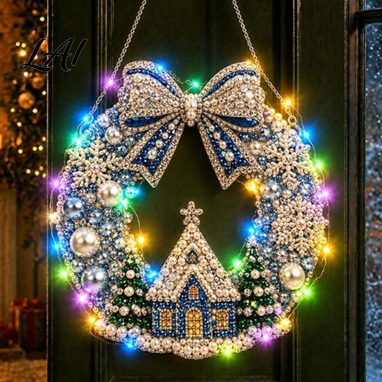 DIY Home Holiday Decor Acrylic Christmas Hanging Kit Art Faux Pearl Lighted Wreath 3D Beaded Craft Sparkling Gemstone Set Kit with LED String Light