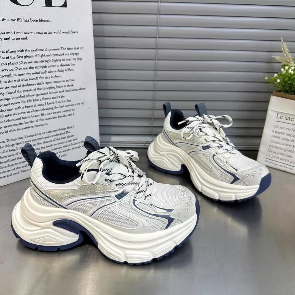 European dad shoes women's spring 2025 new leather color matching thick sole height increase versatile fashion casual sports shoes