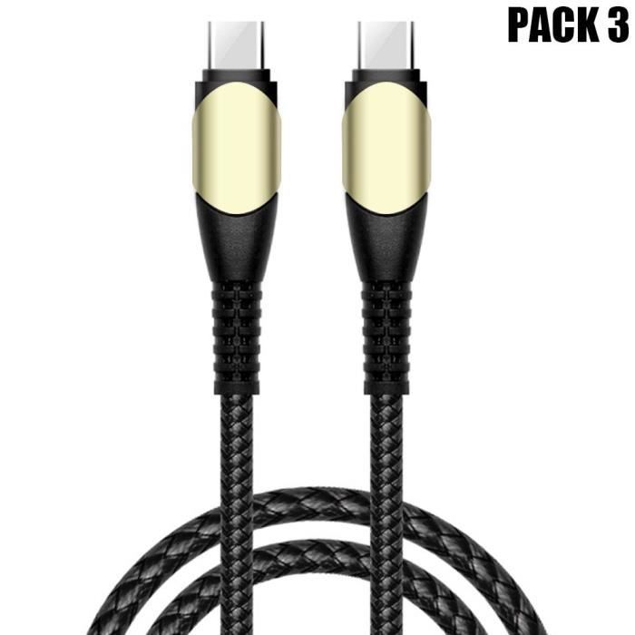 3x Câble USB-C vers USB-C Rapide 60W pour OPPO A53 A53S A54 A55 A56 A16 A16s A72 A93 A93s - Nylon Tressé Noir 1M
