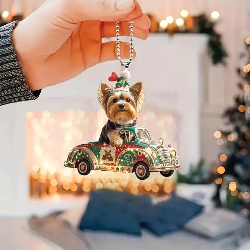 Christmas Yorkie Dog Acrylic Pendant for Car Rearview Mirror