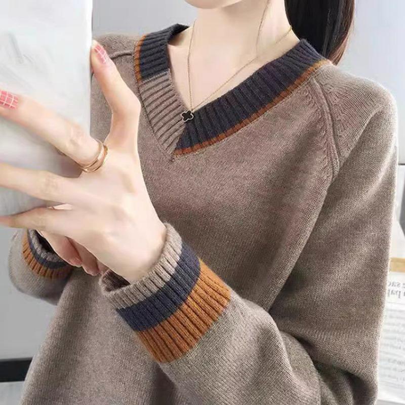 Sweater Women's Japanese Korean Casual Contrasting Color V-neck Pullover Long Sleeved Fashion Base Knit Sweater Women's Interior