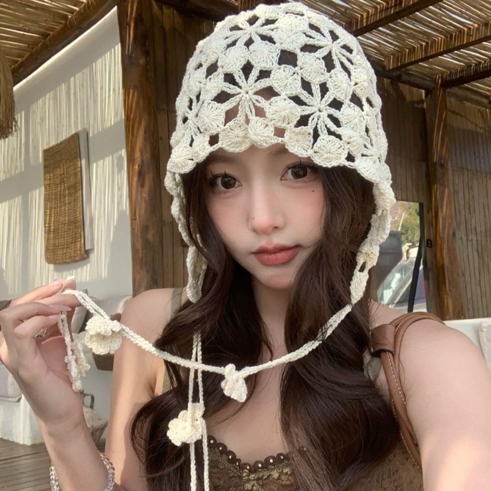 Tassel Hollowed Out Knitted Hat Floral Bohemian Style Beanies Cute Weave Cap Apparel Accessories