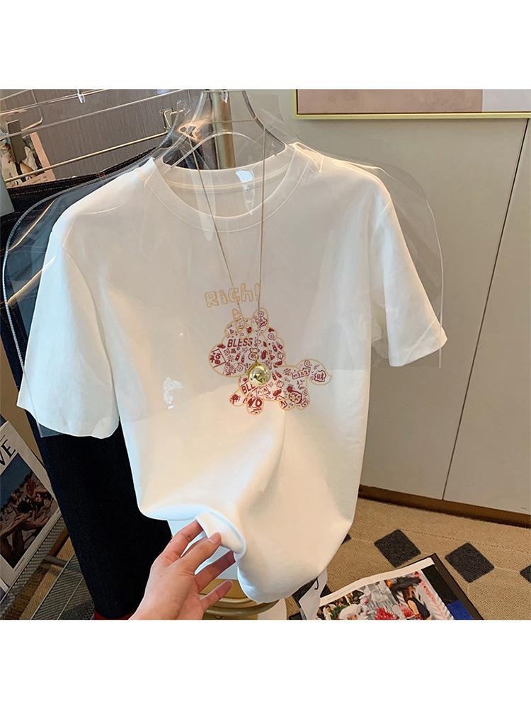 Women's Red Year of the Horse Print Brushed Cotton Short Sleeve T-shirt - Loose Fit, Versatile Trendy Style