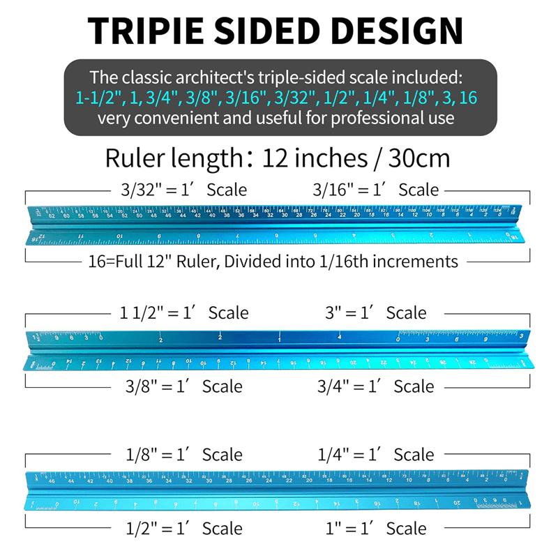 1pc Aluminum Triangular - Professional Architectural Scale Ruler for Blueprints & Designs, Durable Metal Drafting Tool