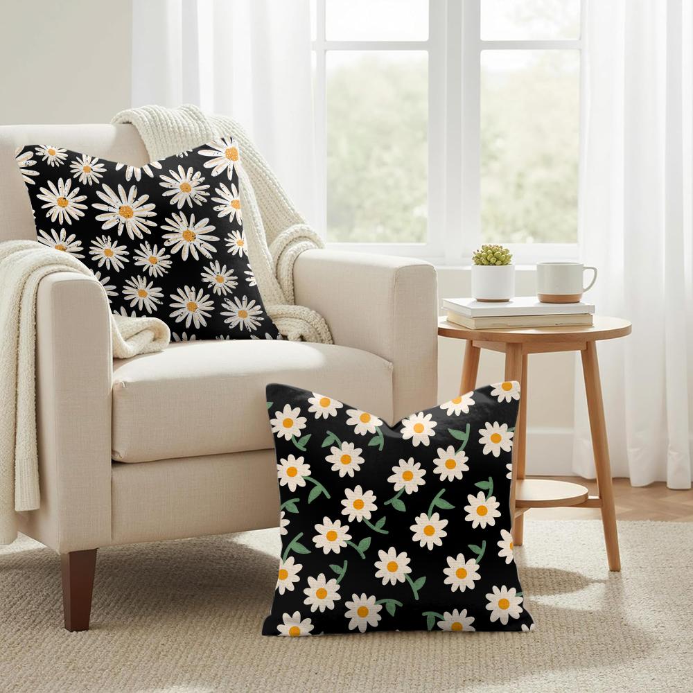 Black Daisy Cushion Cover Natural Linen Organic Fabric DoubleSided Printing Couch Pillow Covers Home Decor
