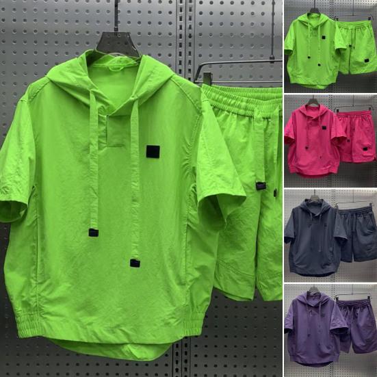 2Pcs/Set Men Summer Outfit Hooded Drawstring Short Sleeve Tops Elastic Waist Pockets