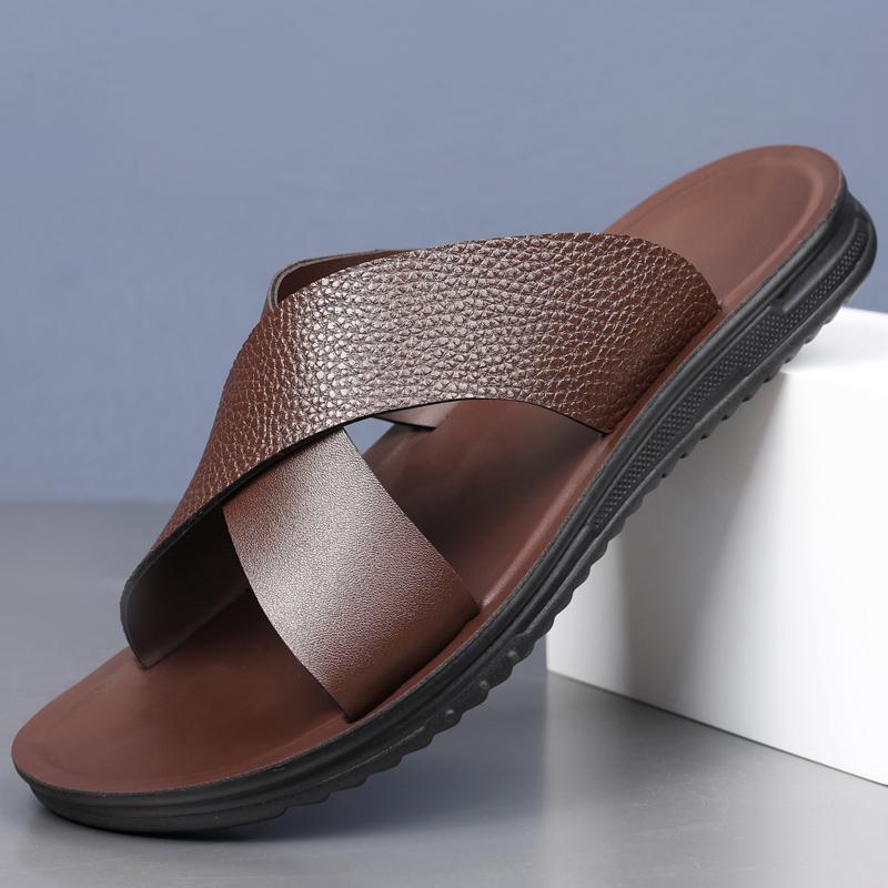 Fashion Classic Design Artificial Leather Slippers Open-toe Non-slip Sandals Man Flats Slides Summer Soft Comfort Beach Vacation Shoes