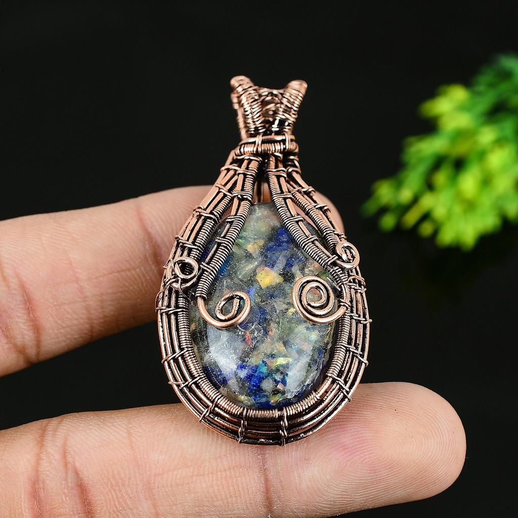 Natural Lapis Lazuli Gemstone Handmade Copper Wire Wrap Pendant 2.25 w1l92