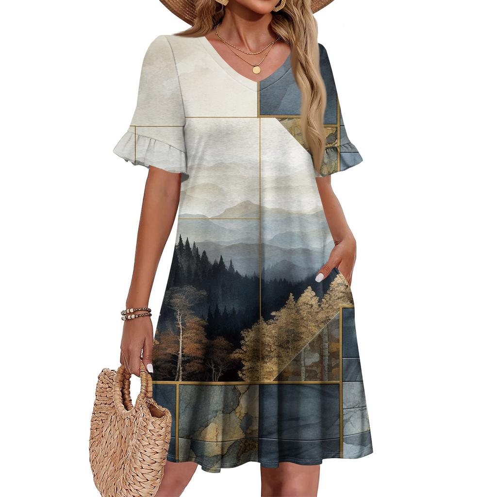 Robe d'été trapèze pour femme à manches courtes et col en V imprimée avec poches