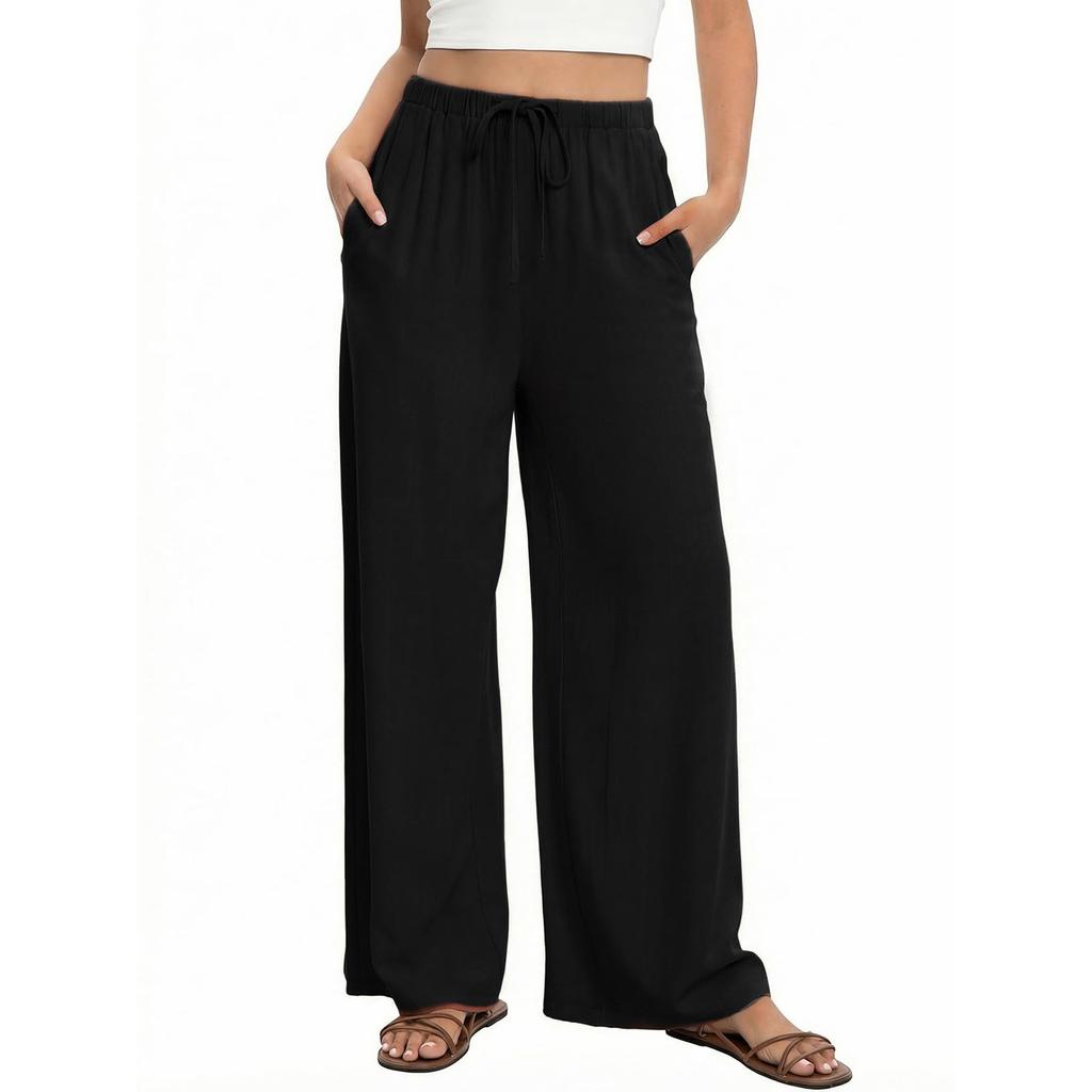 Linen Casual Wide Leg Pants For Women Elastic Waist Versatile Business Casual Work Palazzo Trousers With Pockets