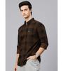 Man's Stylish Slim Fit Cotton Spread Collar Checked Casual Shirt - Dark Brown