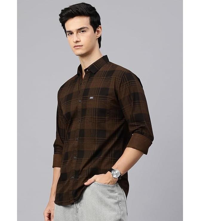 Man's Stylish Slim Fit Cotton Spread Collar Checked Casual Shirt - Dark Brown