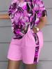 Plus Size New Vintage Floral 3D Print Women's Two Piece Set, Casual Outfits Set, Short Sleeve Top Underlay Shorts Suit