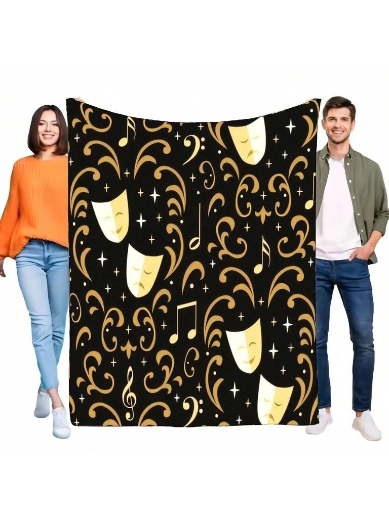 Elegant Black Gold Theater Masks Music Notes Blanket, Soft Flannel Plush Throw For Bed Sofa Couch, Cozy Artistic Home Decor Gift