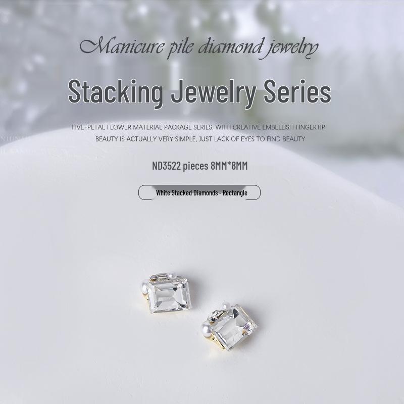 

3D Rhinestone Pearl Nail Art: White Stacked Heart & Square Diamonds (2 Pcs)