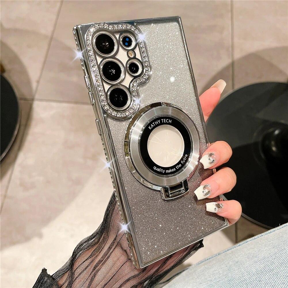 

Роскошный чехол с градиентным блестящим бриллиантом и подставкой, магнитный чехол Magsafe для Samsung Galaxy S24 S23 Ultra S22 Plus/iphone 15 14 13 12 11 Pro Max Samsung S24 серебряный