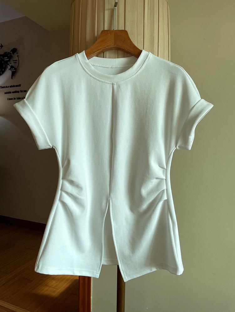 Waist-Hugging Batwing Sleeve Side Slit T-Shirt - Trendy Short Sleeve Top