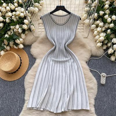Hotsweet O-neck Striped Casual Sleeveless Chic Knit Slim A-line Vestidos Dresses French Office Lady High Street Women Clothing
