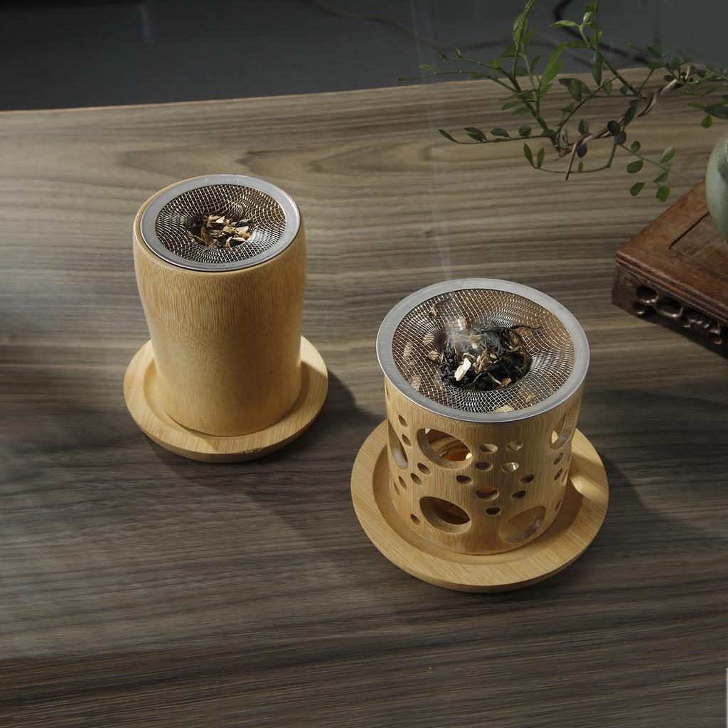 Bamboo Candle Holder Aromatherapy Heating Holder with Stainless Steel Strainer Incense Burner for Yoga SPA Aromatherapy