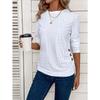 Button Embellished Eyelet Long Sleeve T-Shirt, Casual Solid Crew Neck Top, Spring/Autumn, Women's