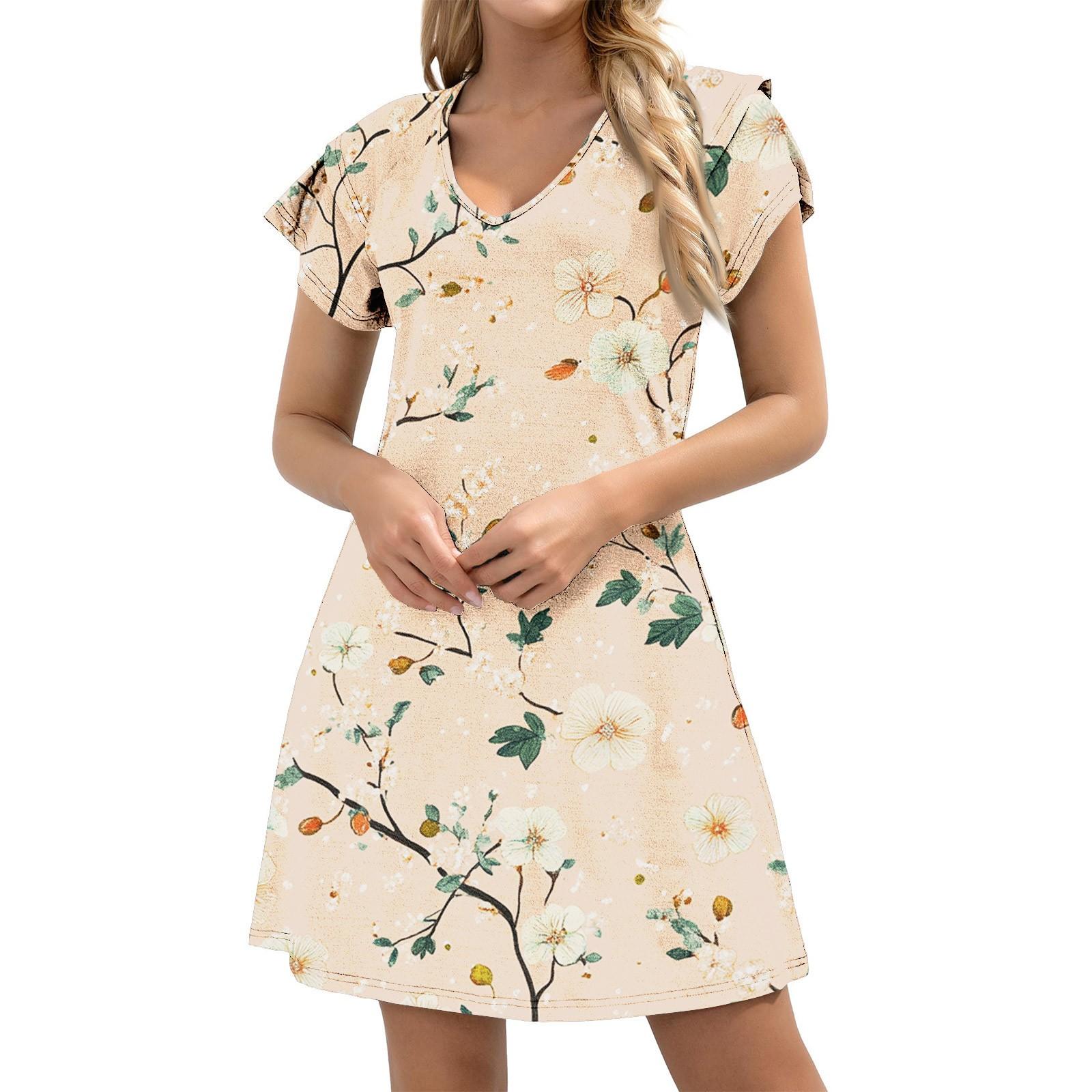 

Women s Casual V-Neck A-Line Dress With Short Ruffled Edge Cuff Pocket Dress Cuff Pocket Dress L бежевый