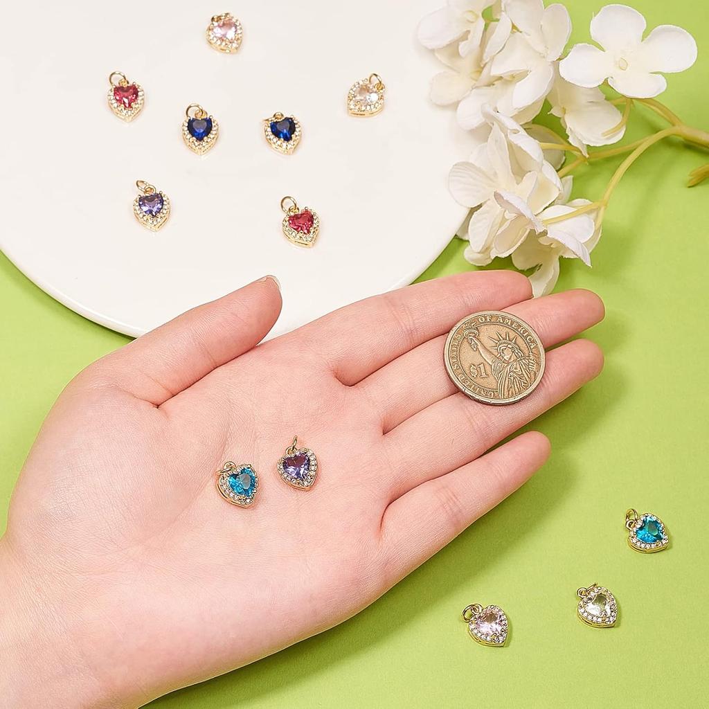 LiQunSweet 12 Pcs 6 Colors Golden Crystal Heart Charms Brass Micro Pave Cubic Zirconia CZ Stone Mini Charm Bulk for Necklace Earrings Jewelry Making