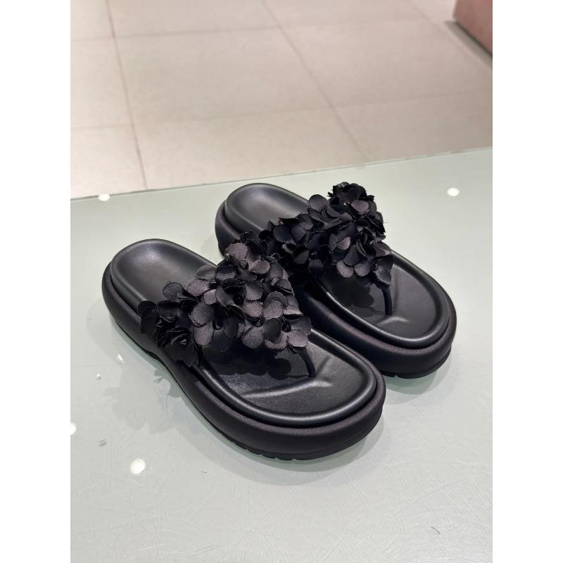 

Summer new flower princess wind cool flat slippers women s genuine leather one-word drag lazy slippers 35 чёрный