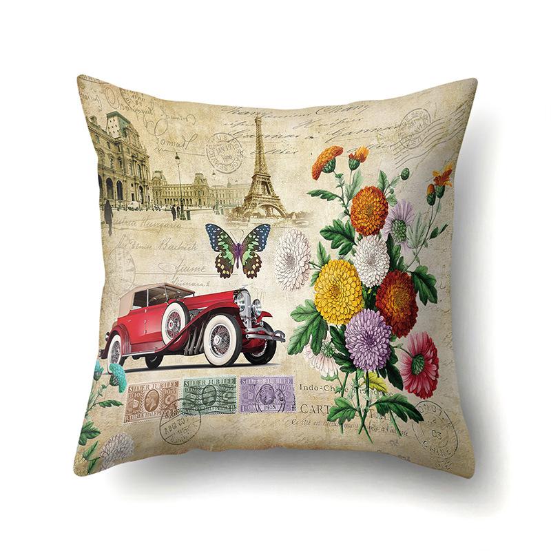 Polyester Pillowcase Automobile Decoration Retro Print Pillowcase Waist Cushion Cover Tower Bedside Cushion Cover