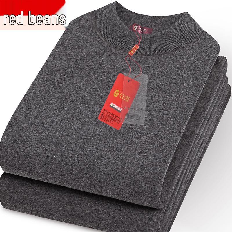 Men's Red Bean Warm Underwear Set: Plus Velvet Mid-Neck Top & Pants, Cotton Wool Sweater for Autumn/Winter