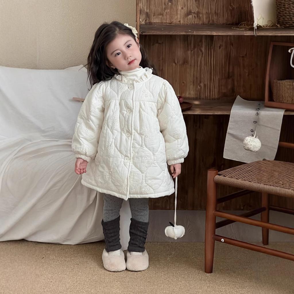 Winter New Children's Clothing Korean Style Children's Lace Embroidered Cotton Long Cotton Clothes Girls' Fleece-lined Lace Princess Cotton Coat