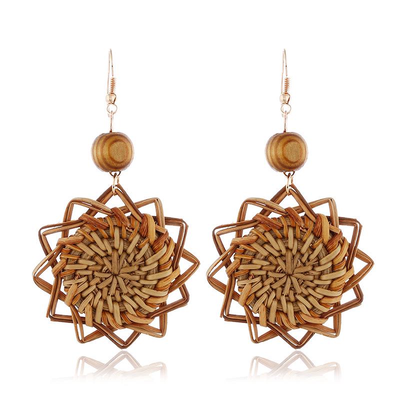 Boucles d'Oreilles Fleur en Rotin Tressé Vintage pour Femmes Accessoires de Bijoux pour Femme
