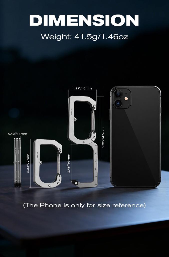 KEEPO LINK 3-w-1 Tytanowy Karabińczyk EDC Brelok Klips z Funkcją Pomiaru i Składanym Haczykiem na Torbę 180° (Użytkowanie na zewnątrz) OLL01 (czarny)