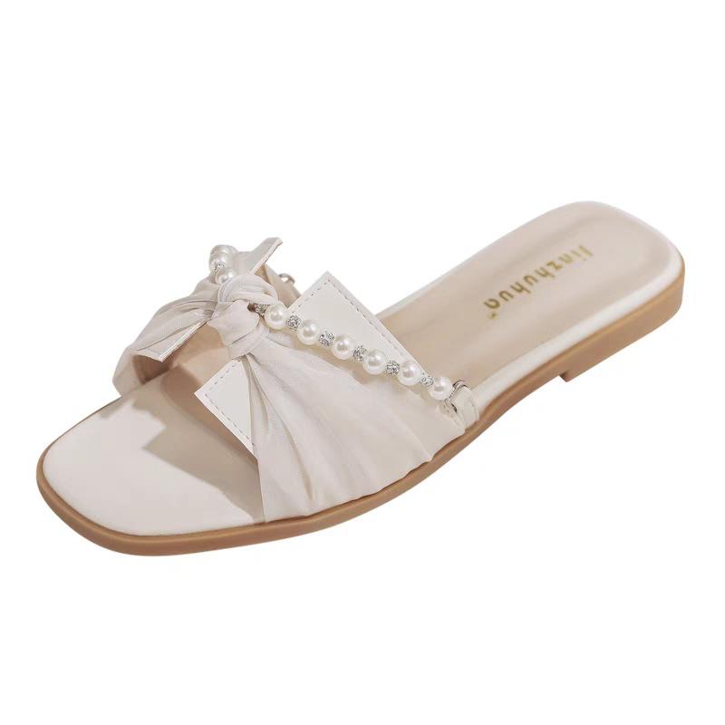 

Жемчужный бант абрикосовые шлепанцы на плоской подошве для улицы 2025 новая летняя юбка фея стиль крутые шлепанцы 40 абрикосовый