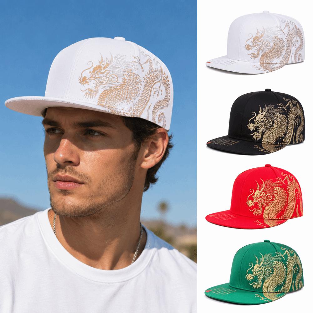 Adjustable Flat Brim Snapback Hat Chinese Golden Loong Print Streetwear Snapback  Streetwear Style