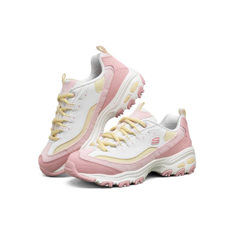 Skechers DLites 1.0 Fabric Synthetic Leather Milk Tea Bear Peach Women Sneakers White Pink 149906-PKYL