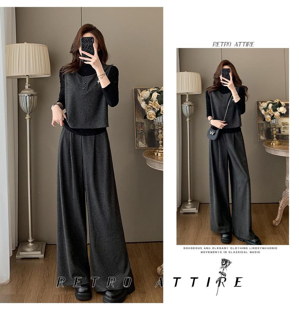 2025 French Retro Three-Piece Women's Suit: Autumn/Winter Vest, Top & Wide-Leg Pants