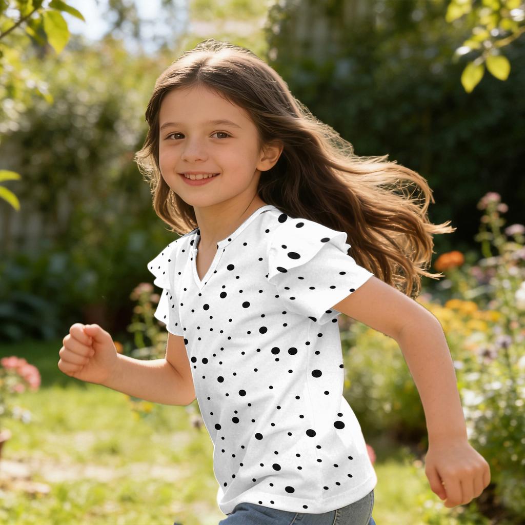 Girls V Neck Ruffle Sleeve Polka Dot Print Short Sleeve T Shirt Casual Blouse Lightweight Summer Top for Kids