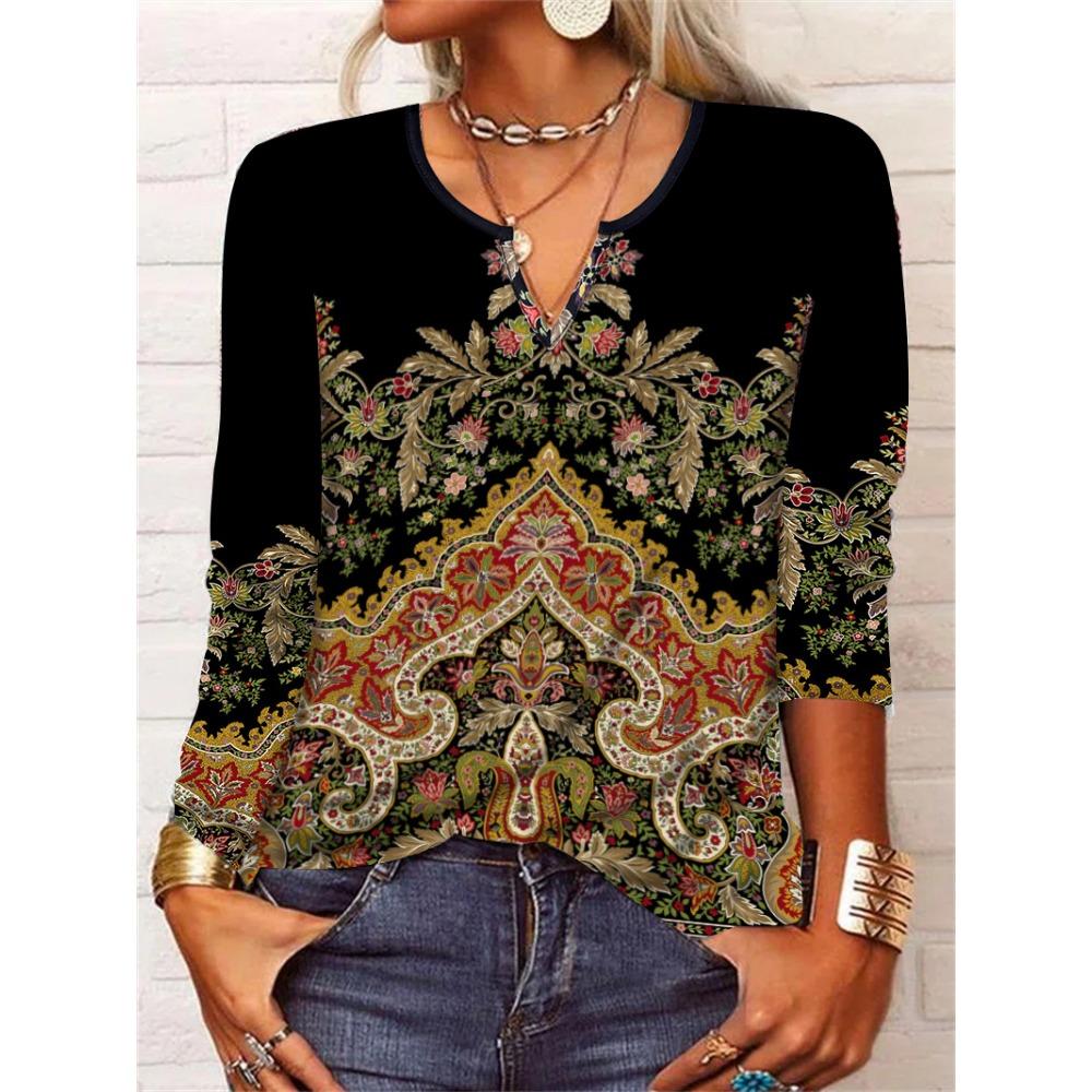 GMXIA Autumn Loose Long Sleeve Flower Bold V-neck T-shirt Base for Women