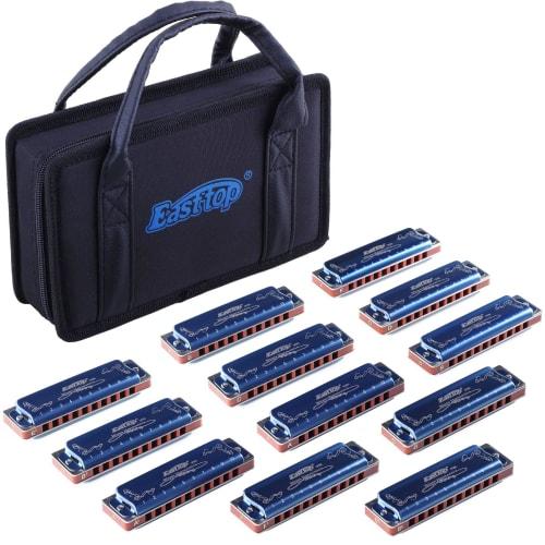 

East Top 12-Piece Blues Harp Set, 10 Holes, 20 Tones, Brass Cover, Canvas Case, and Cleaning Cloth, for Beginners, Professionals, and Study/Practice,