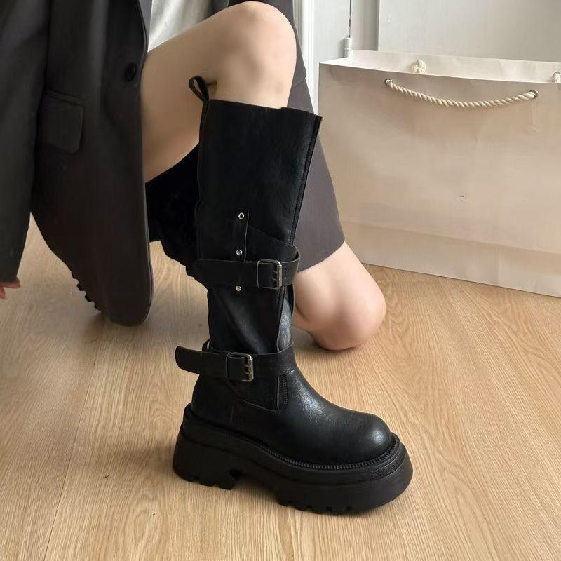 Temperament super fire retro versatile belt buckle boots Maillard but knee boots women's autumn and winter new models