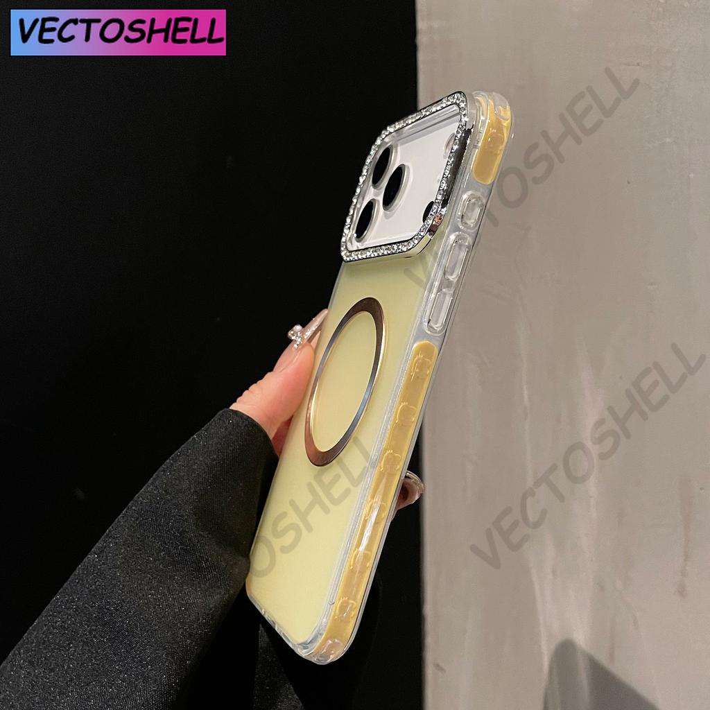 Custodia Magnetica Decorativa con Diamanti Scintillanti per Fotocamera Bumper Antiurto Cover per iPhone 17 Air 16 15 14 Plus 13 12 Pro Max 11