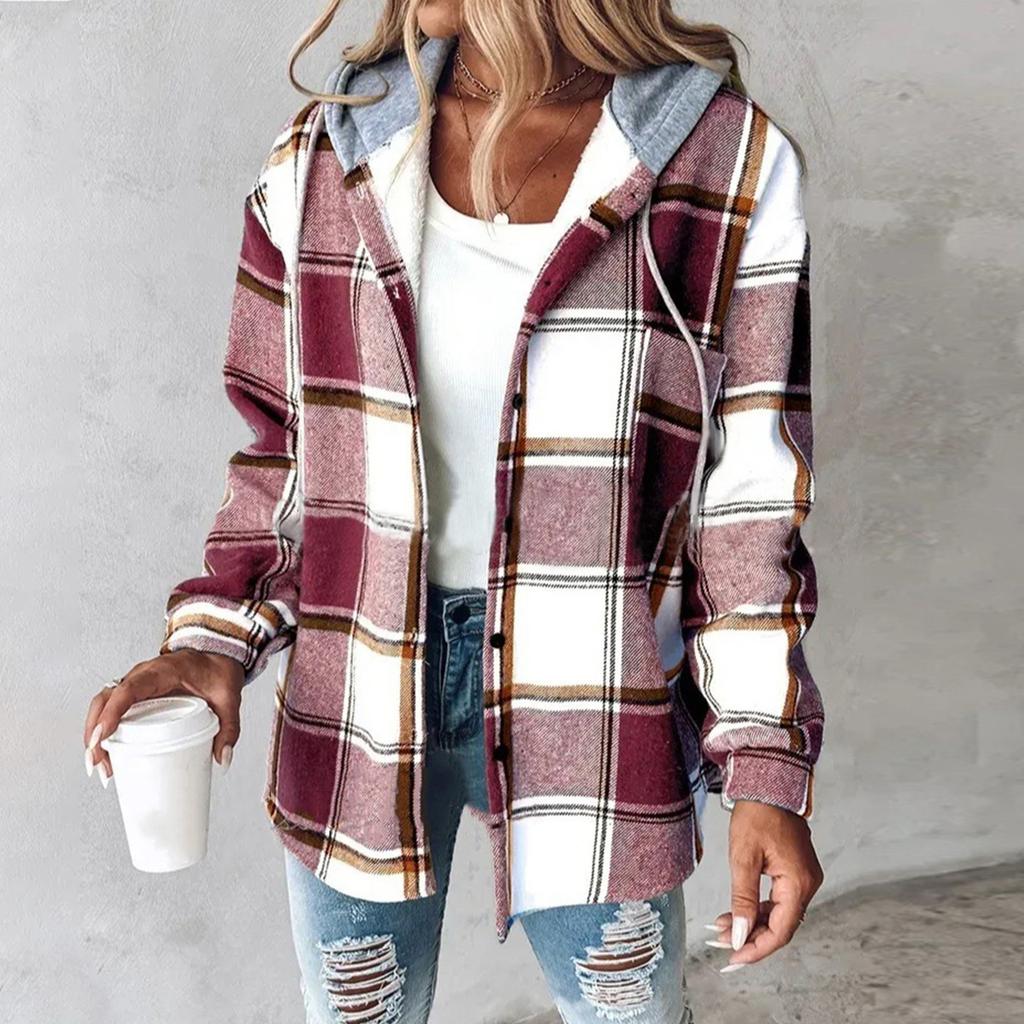 Women's Casual And Fashionable Large Plaid Pattern Patchwork Hooded Button Jacket