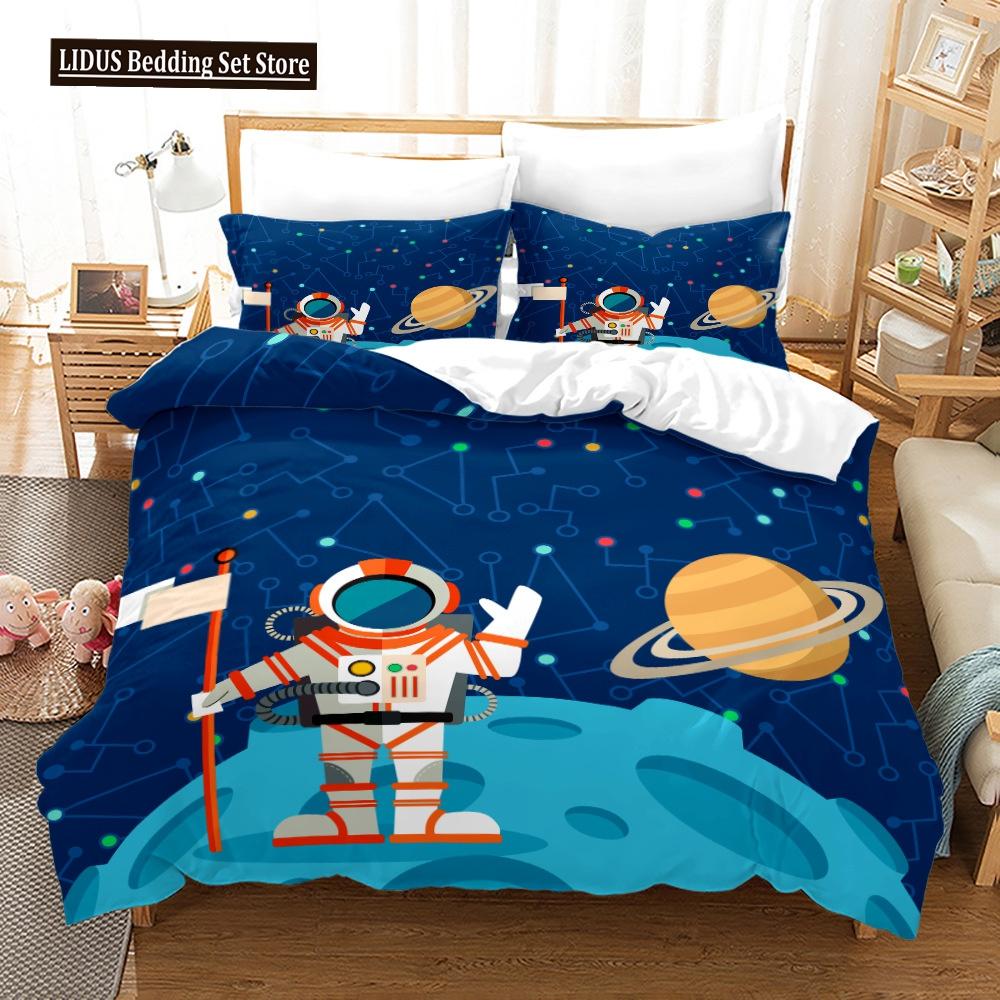 3D Astronaut Duvet Cover Set Galaxy Star Bedding Set Polyester Comforter Cover Girl Kid Bedroom Decor King Size With Pillowcase